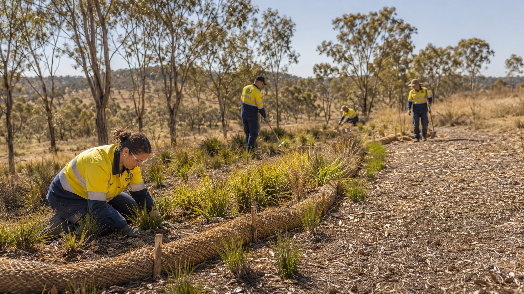 Post-project site restoration works with erosion control and native planting