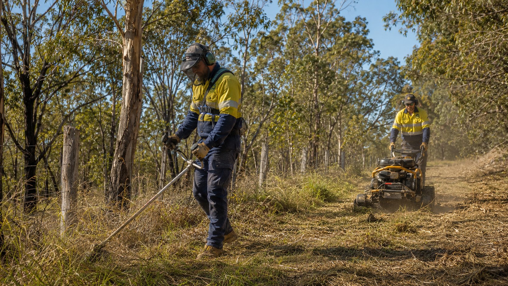 Vegetation clearing and brush cutting along a rural fence line in Central West NSW