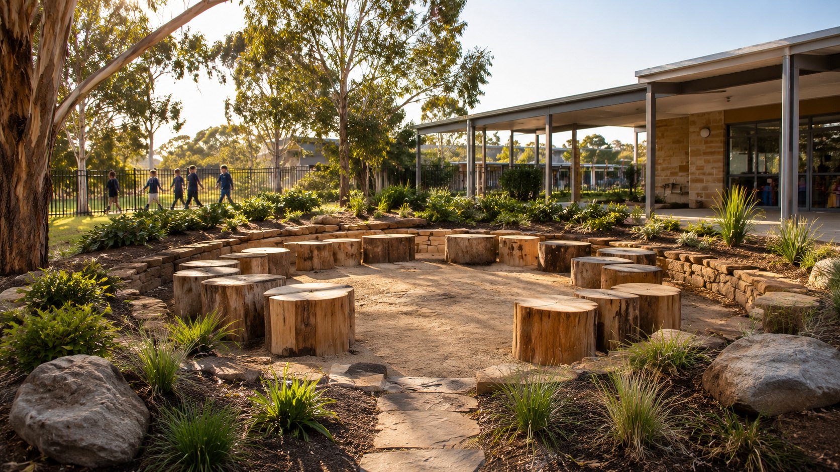 Completed cultural yarning circle with natural timber seating and native planting